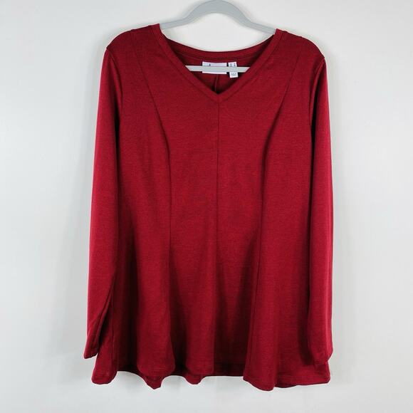 Denim & Co. Size Small Heathered Jersey V-Neck Long Sleeve Fit & Flare Top Red - Picture 1 of 4